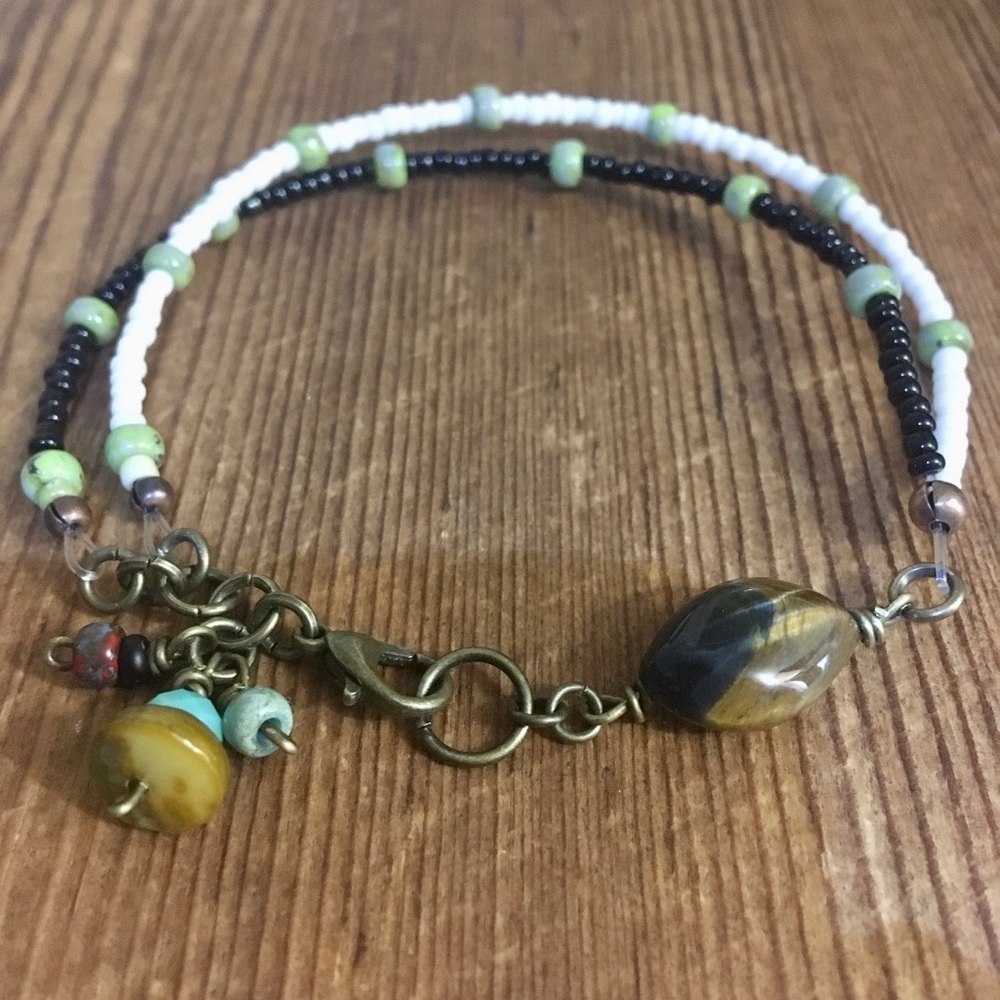Ladies Black and White,  Tiger's Eye Double Strand Beaded Bracelet,  Handmade